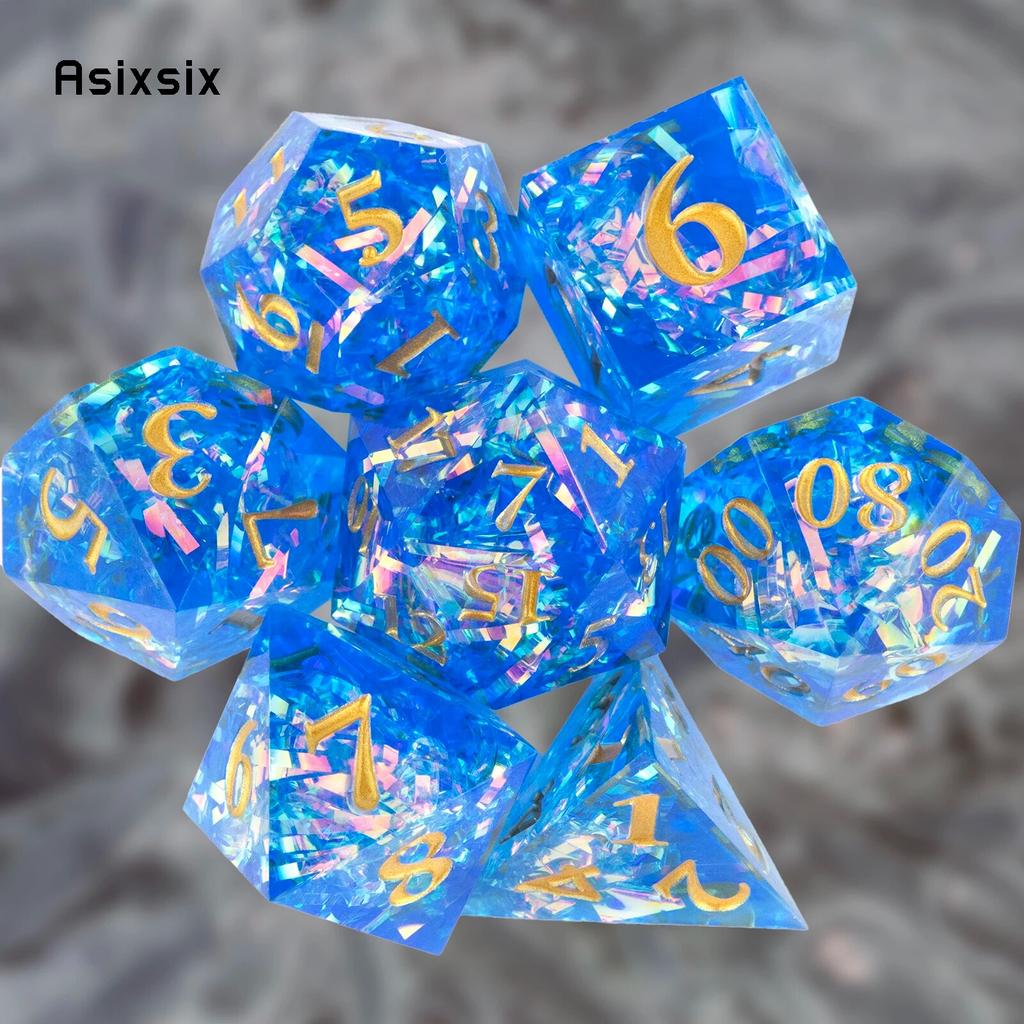 7 Pcs Blue Resin Golden Number Sharp Edge Dice Polyhedral Dice Suitable for Role-Playing RPG Board Game