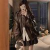 Maillard Women's Retro Brown PU Leather Motorcycle Jacket - Spring/Autumn Windproof Coat