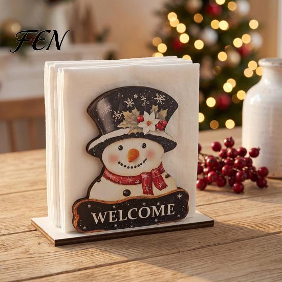 Wooden Napkin Dispenser for Kitchen Christmas Theme Holder, Decorative Holiday Paper Towel Stand, Home Table Decor HD UV Printing Organizer