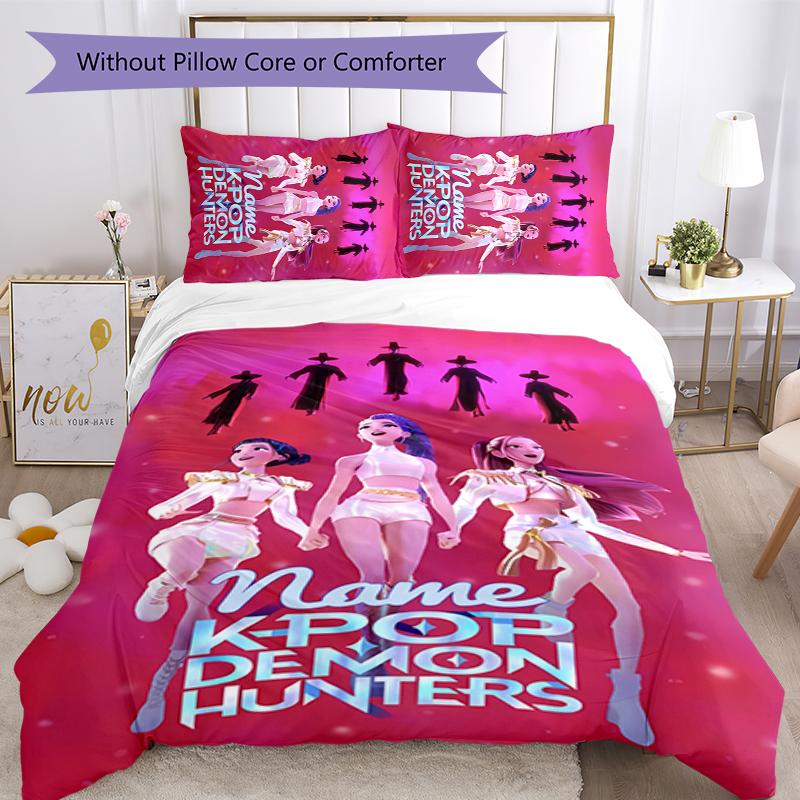 3pcs Custom Name Cartoon Kpop Demon Hunters Bedding Set Duvet Cover Closure Includes 1 Duvet Cover & 2 Pillowcases for All Seasons Bedroom Decor