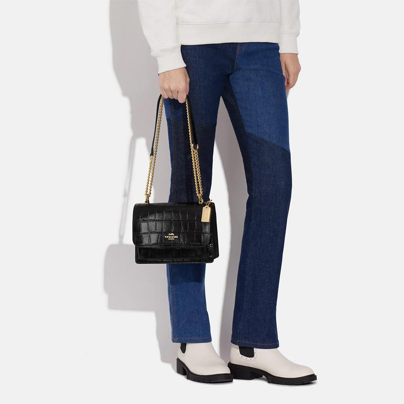 Coach Klare 22 Gold Logo Chain Flap Crocodile Pattern Leather Crossbody Bag Medium Women crossbody bag Black CC840-IMBLK