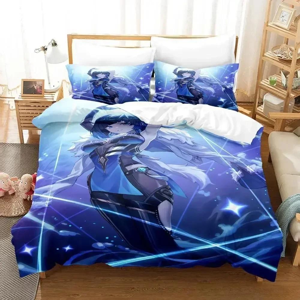 New Anime Game Yelan Genshin Impact Bedding Set Cartoon Anime Three-piece Set Adult Kid Bedroom Duvet Cover Sets 3D Kawaii Girls