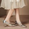 New One-word with Gold Pointed High Heels, Women's Short Heels, Single Shoes, Beautiful Temperament, Silver Autumn Women's Shoes Are Not Tired