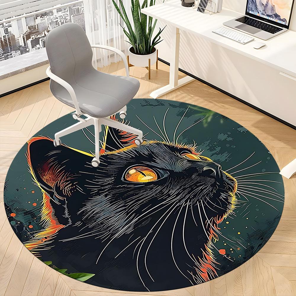 1pc Black Cat Office Round Area Rug, Indoor Mat Suitable ForOffice, Under Office Chairs Bedroom Living Room Home Decor, Room Deco D003