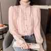 2023 плиссированная блузка с простыми оборками и кружевной рубашкой, расклешенная блузка с длинным рукавом и воротником-стойкой, женская мода, элегантные топы 30049