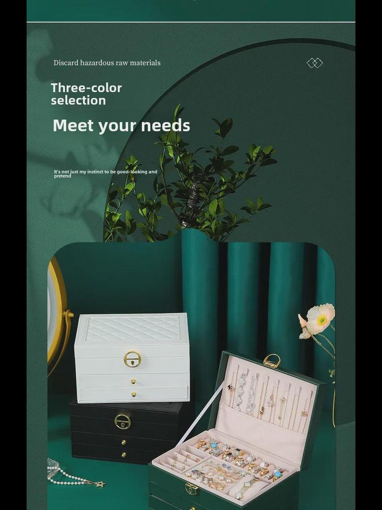 Three-Layer PU Leather Jewelry Box with Velvet Storage and Large Capacity Drawer