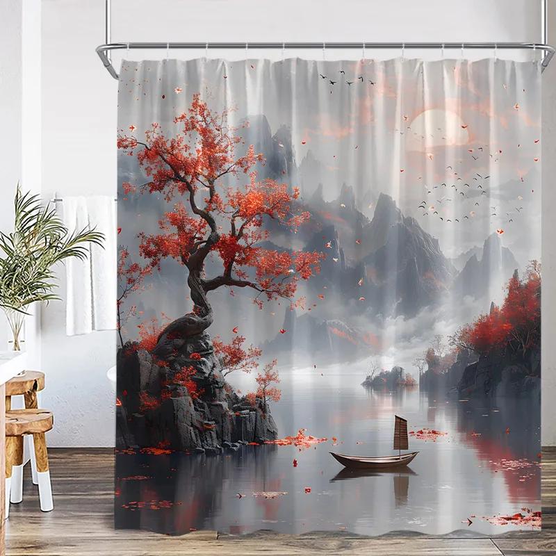 Japanese Landscape Shower Curtains Pink Cherry Blossom Mountain Lake Night Scenery Polyester Fabric Home Bathroom Curtain Decor