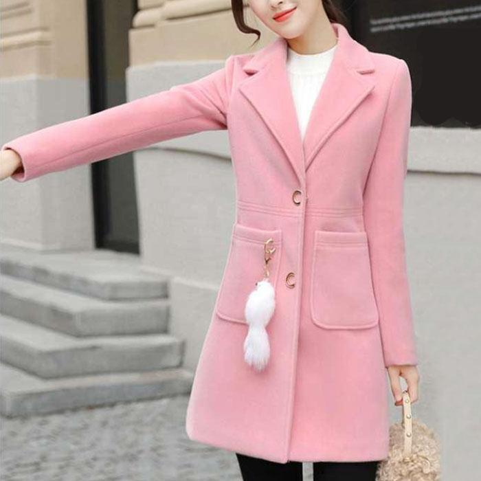 Spring/Autumn/Winter Slim Woolen Coat V-neck Solid Color Long Coat Large Size Casual Warm Windbreaker Temperament Top with Pendant