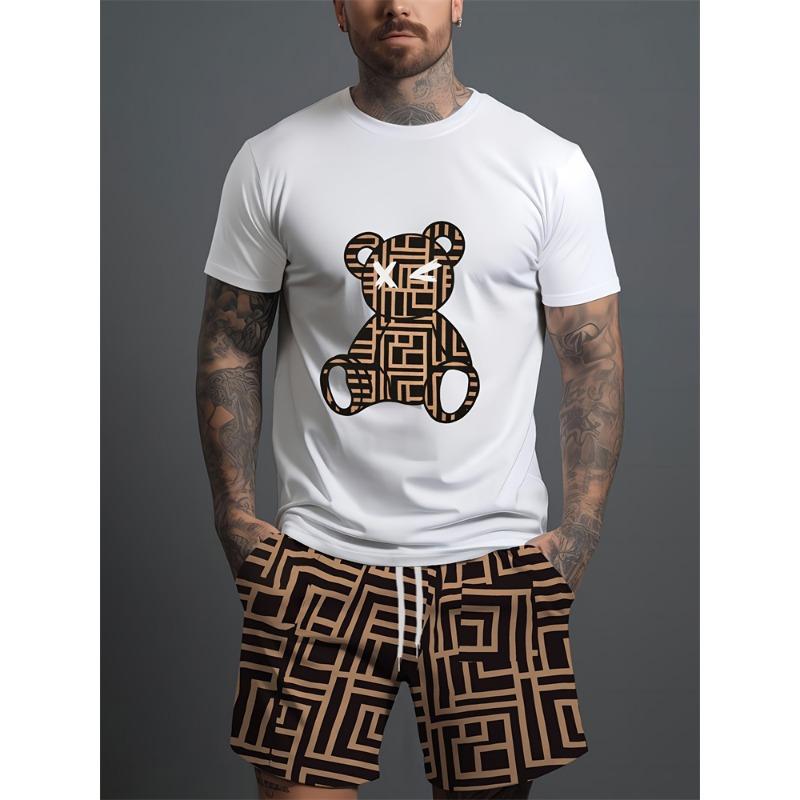 Комплект из 2 предметов: мужская футболка с коротким рукавом и шорты на шнурке с принтом мультяшного медведя, летний повседневный топ, мужские пляжные брюки для спорта на открытом воздухе