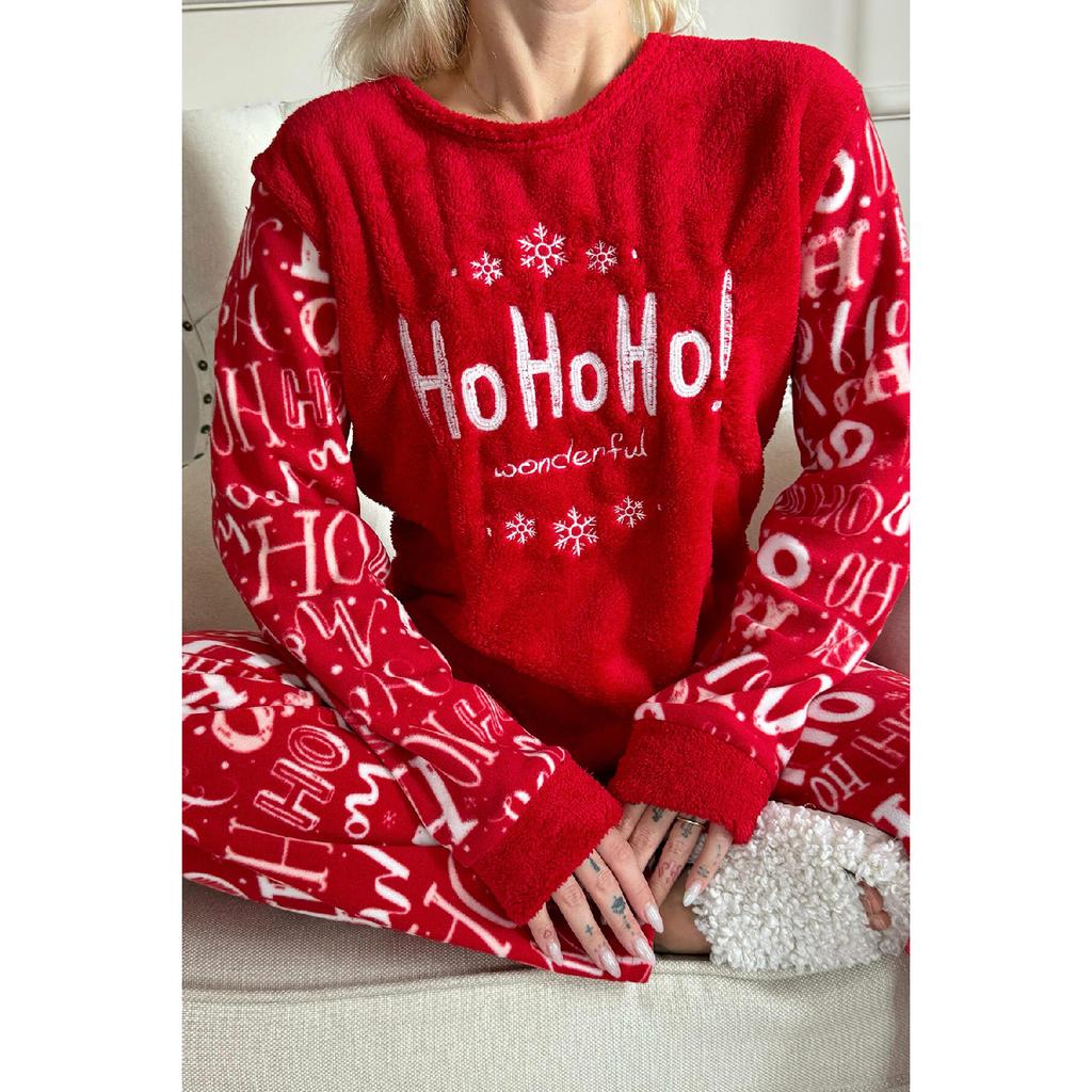 Красный женский плюшевый пижамный комплект с рисунком Hoho