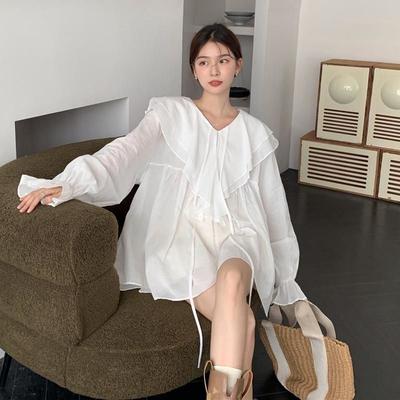 Винтажные рубашки со сладкими рюшами Женские 4XL Белые элегантные оверсайз солнцезащитные блузки Корейские милые с расклешенными рукавами Свободные повседневные топы