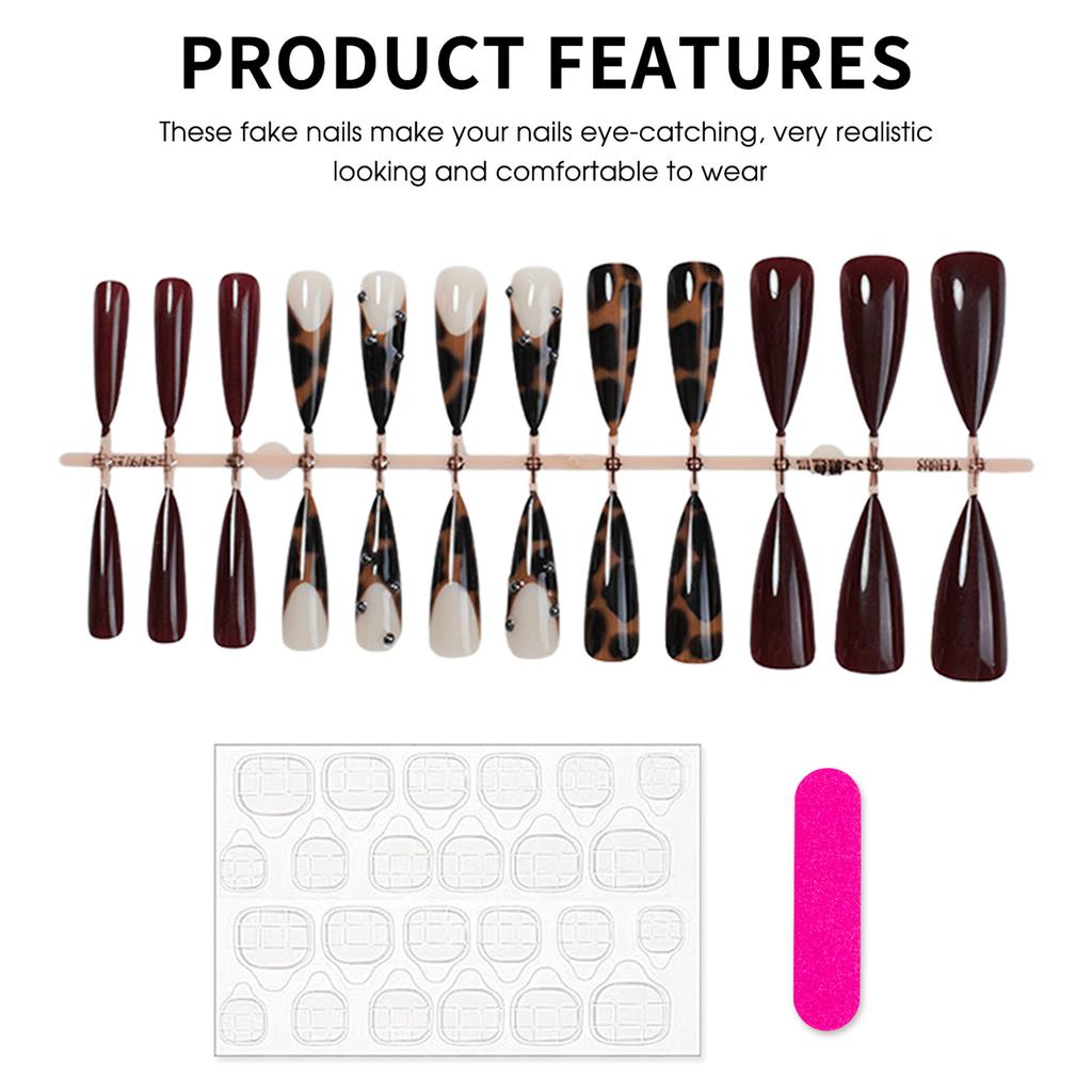 Leopard Print Press on Nails 24Pcs Long Stiletto Acrylic Artificial Nail Tips for Women Girls