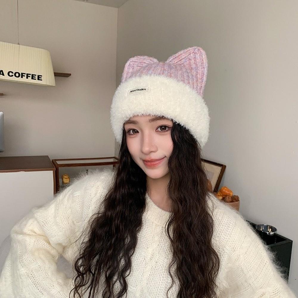 56cm to 58cm Cat Ear Beanie Polyester Winter Beanie Hat Plush KnittedHat Cold Weather Wear