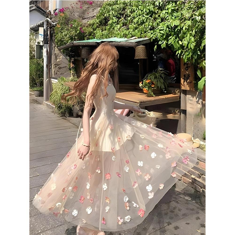 Французский милый дизайн трехмерный цветок сетчатое платье на бретелях женственность стиль отпуска платье принцессы пышное