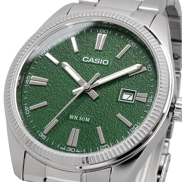 Casio MTP-1302DA-3AV Men's Analog Quartz Watch, Silver Metal Band, Green Textured Dial
