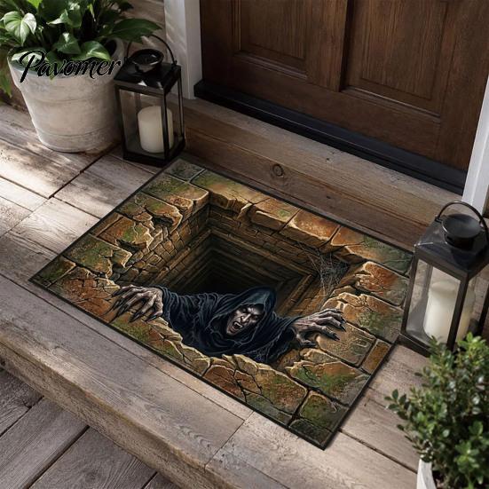 Non-slip Entry Rug 3D Halloween Entrance Rug, Spooky Skeleton Depth Pattern Horror Themed Home Decor Absorbent Door Mat for Front Bathroom Entryway