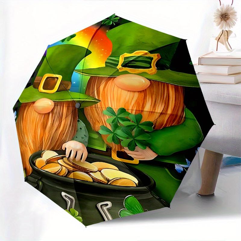 Leprechaun, Pot of Gold Themed Automatic Opening and Closing Umbrella Creative Design Umbrella, Portable Tri fold Small Umbrella for Men a
