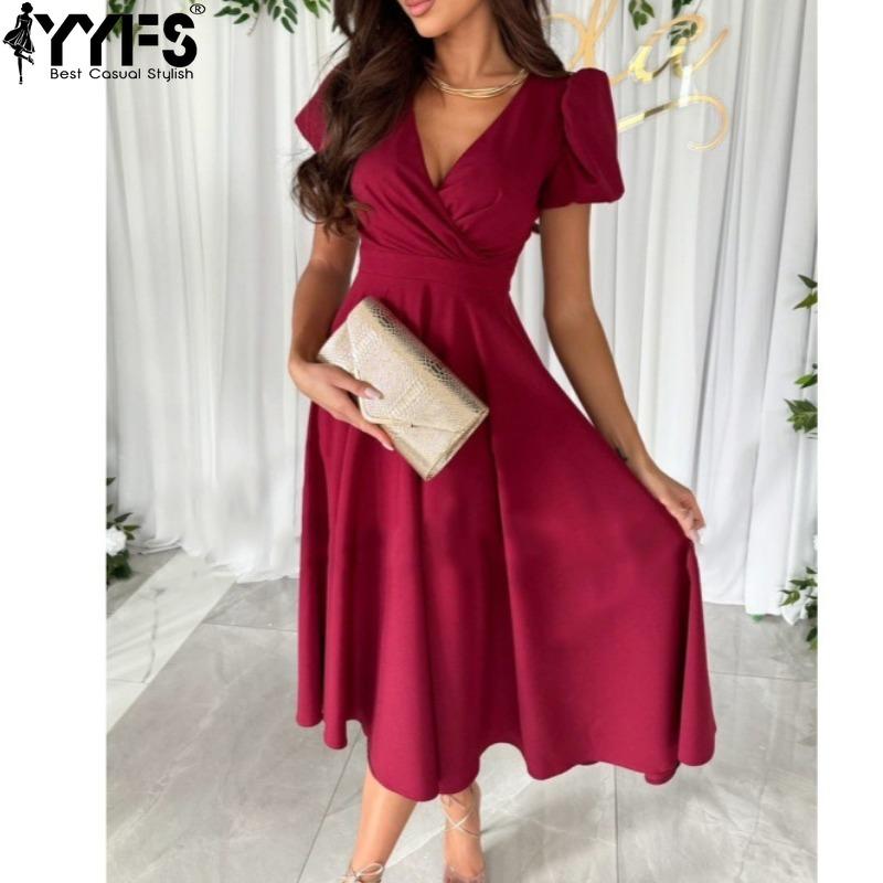 YYFS Women's Fashion Summer Spring Solid Color Print Short Sleeve V-Neck High Waist Casual Dresses