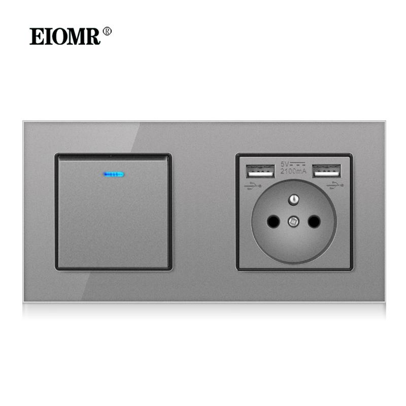 EIOMR Французский Стандартный Настенный Выключатель Розетка Серая Хрустальная Стеклянная Панель с USB 16A 220V Розетка с Заземлением Защита от Детей Дверца