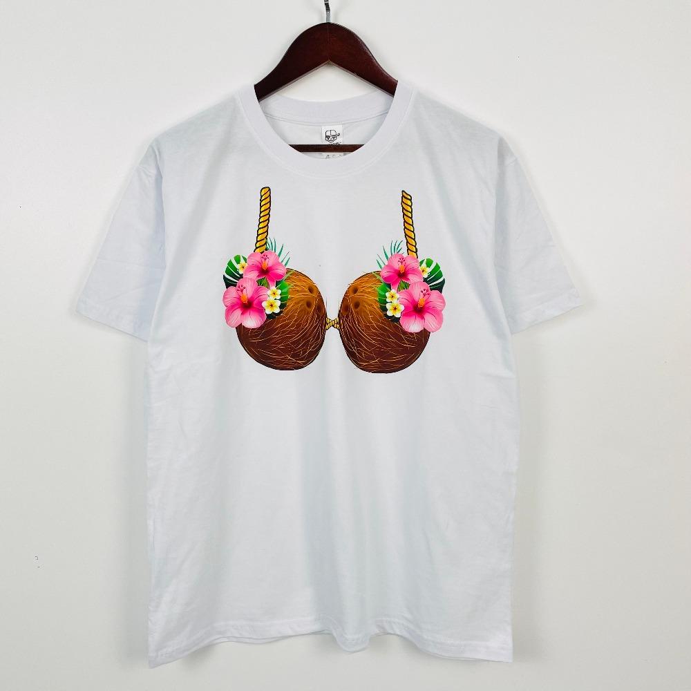 Coconut Bra Hawaiian Tropical Costume Luau Party Hawaii Tshirt 2025 Hawaiian Tropical Style Women Tee Short Sleeves