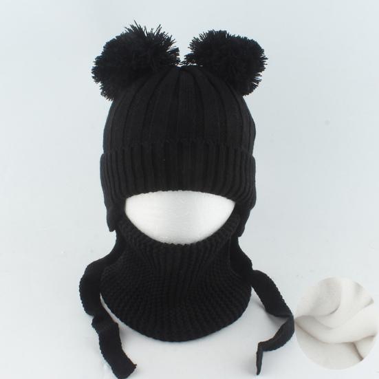 2 шт./набор Детская зимняя шапка и шарф Набор Декор плюшевым помпоном Однотонный Плюшевая подкладка Вязаная шапка Теплый комплект шарфа