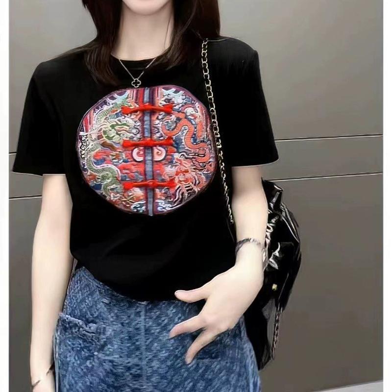 Летняя женская свободная повседневная футболка с коротким рукавом в китайском стиле с винтажной вышивкой в виде лягушки, женские пуловеры