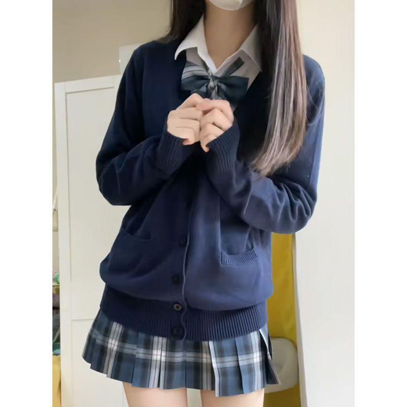 Navy Blue Japanese School Style Women's Cardigan Sweater for Autumn & Winter