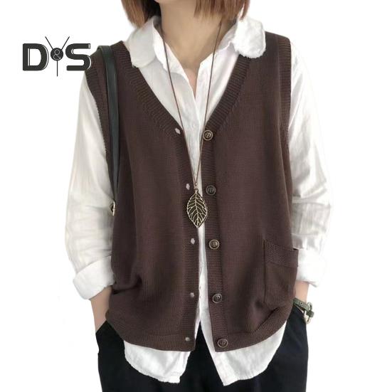 Женский вязаный жилет с V-образным вырезом без рукавов, однобортный теплый жилет, однотонный свободный крой, трикотажные майки с карманами