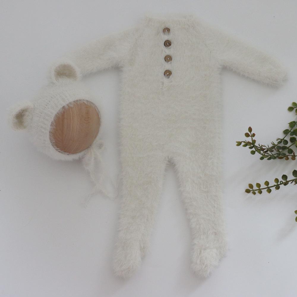 Новая одежда для фотосъемки новорожденных, мягкий вязаный комбинезон с изображением медведя + шапочка, комплект из двух предметов