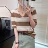 Women's Knitted T-shirt V-neck Hollow Stripe Summer Thin Ice Silk Short Sleeve Top