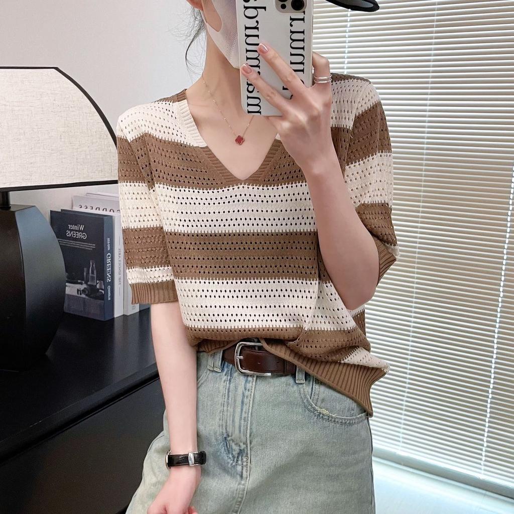 Women's Knitted T-shirt V-neck Hollow Stripe Summer Thin Ice Silk Short Sleeve Top