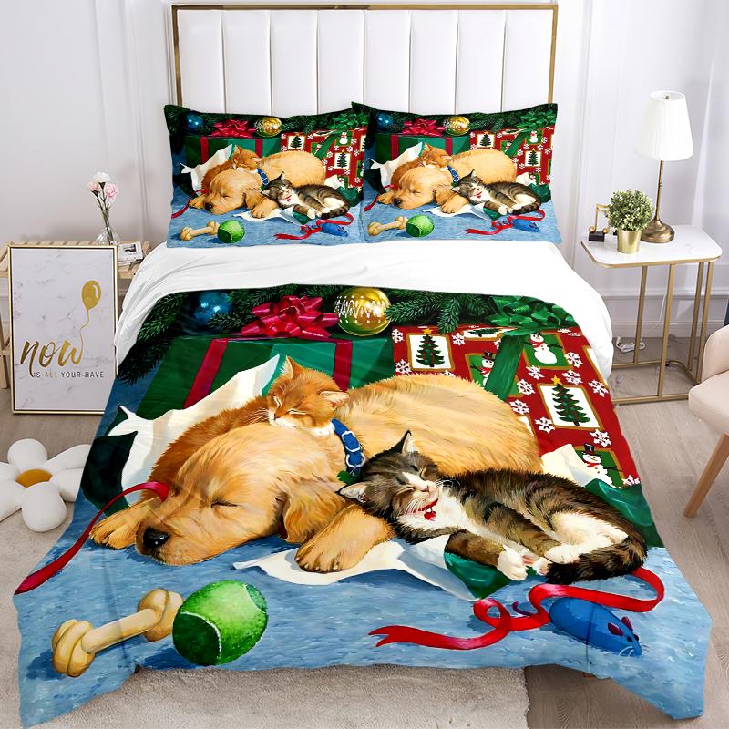 3Pcs Christmas Cats Dogs Bedding Sets For All Sizes New 3D Printed Bed Cover Comforter Duvet Cover Pillowcase Bedroom Decoration