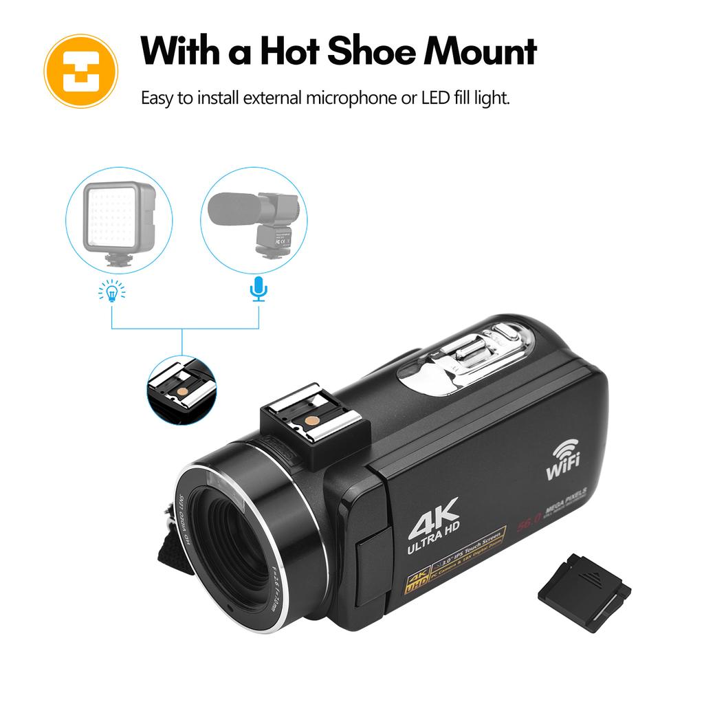 4K Digital Video Camera WiFi Camcorder DV Recorder 56MP 18X Digital Zoom 3.0 Inch IPS Touchscreen
