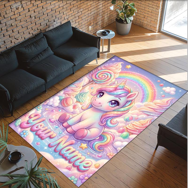 Unicorn Theme Crystal Velvet Floor Rug Personalized Custom Name Text Warm Carpet Home Decoration
