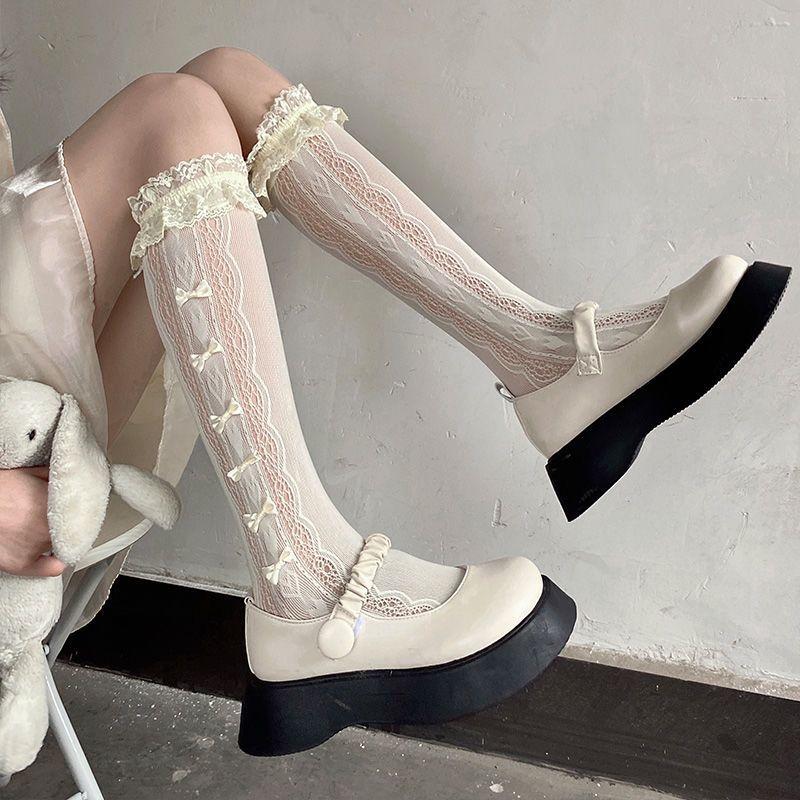Кружевные тонкие гольфы до колена в японском стиле для лета-осени с бантиком и оборкой