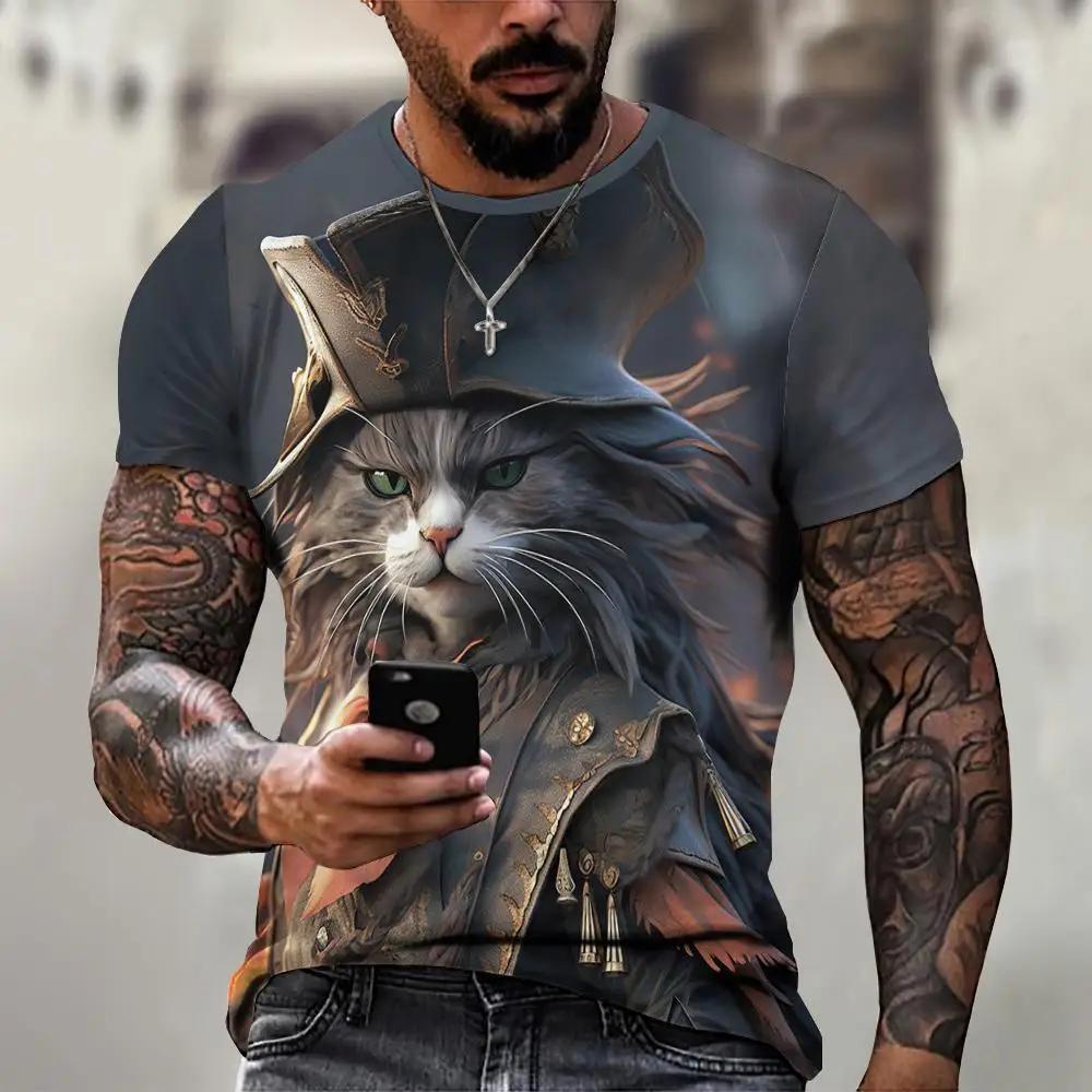 Мужская 3D-печатная футболка Милый рисунок кота Короткий рукав Круглый вырез Пуловер Повседневный топ