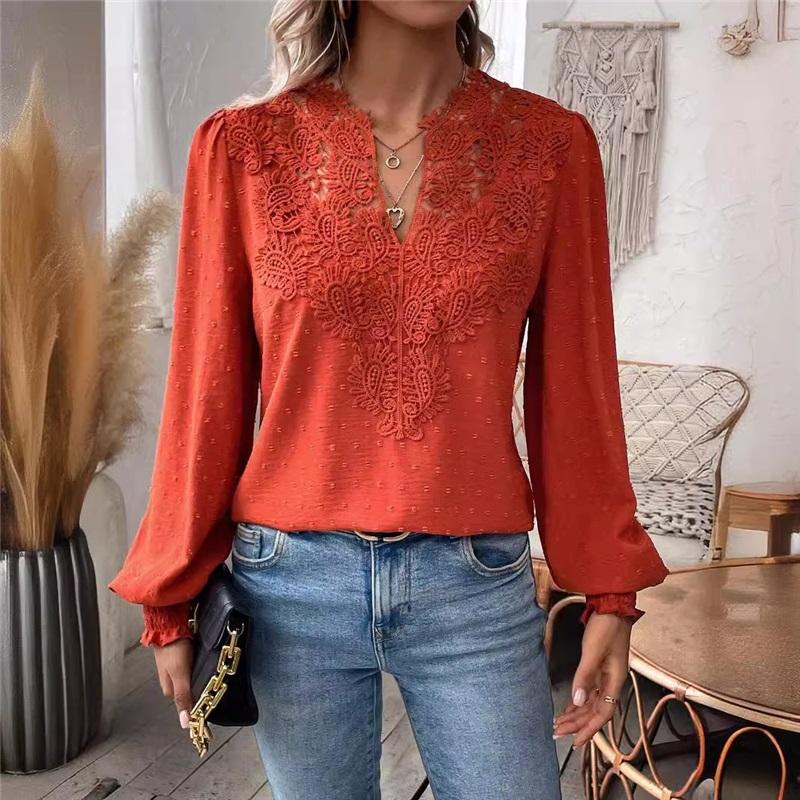 Летний Новый Стиль Женская Блузка с V-образным Вырезом, Кружевная, Однотонная, с Длинным Рукавом, Повседневная, Свободного Кроя, Простой Дизайн, Удобная, Универсальная Рубашка