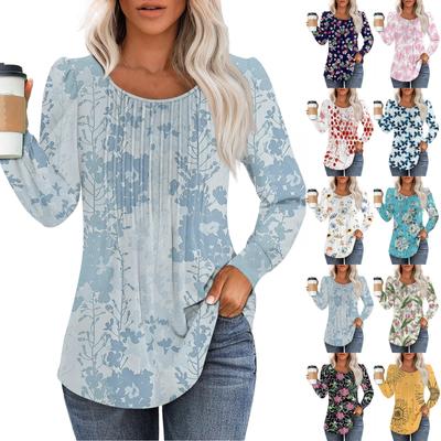 Рубашки с длинным рукавом для женщин, футболки с милым принтом и графикой, блузки, нарядные повседневные блузки, плиссированные топы-туники с овальным вырезом