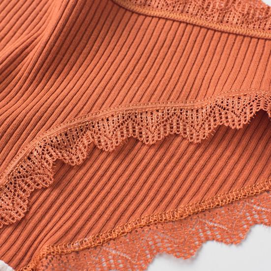 Women Underpants Thread Mid Waist Lace Edge Solid Color Elastic Cotton Crotch Moisture-wicking Stretchy