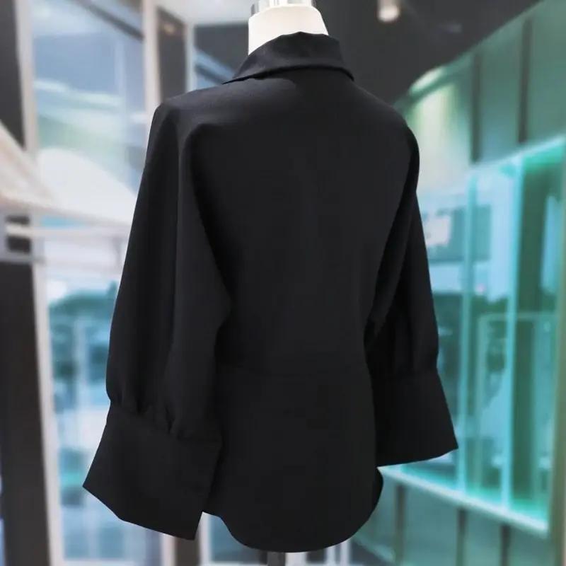 Lady Elegant Shirt Female Spring Fall Long-Sleeved Slim Pleated V-Neck Skinny Office Tops