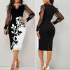 2024 Women Bodycon Dress Elegant Floral Print V Neck Lace Patchwork Sleeve Slim Work Dress Hip Wrapped Stunning Dress