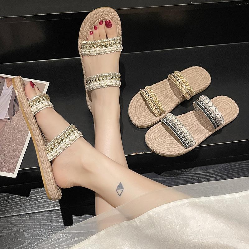 Летние новые плоские тапочки для женщин, плетеные пляжные туфли на плоской подошве, женские повседневные шлепанцы с открытым носком, с двойным ремнем, в стиле бохо