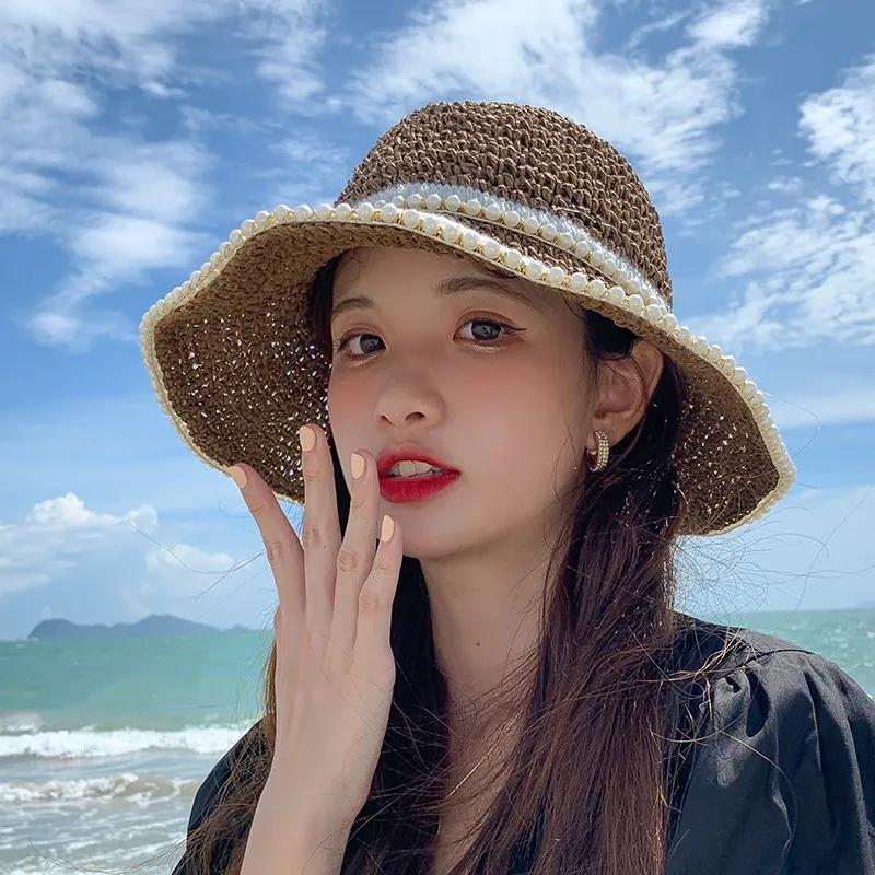 Новые весенне-летние шляпы для женщин, широкополая джазовая панама с цветочными бусинами, солнцезащитный козырек, пляжная шляпа, соломенная шляпа с цветочным жемчугом