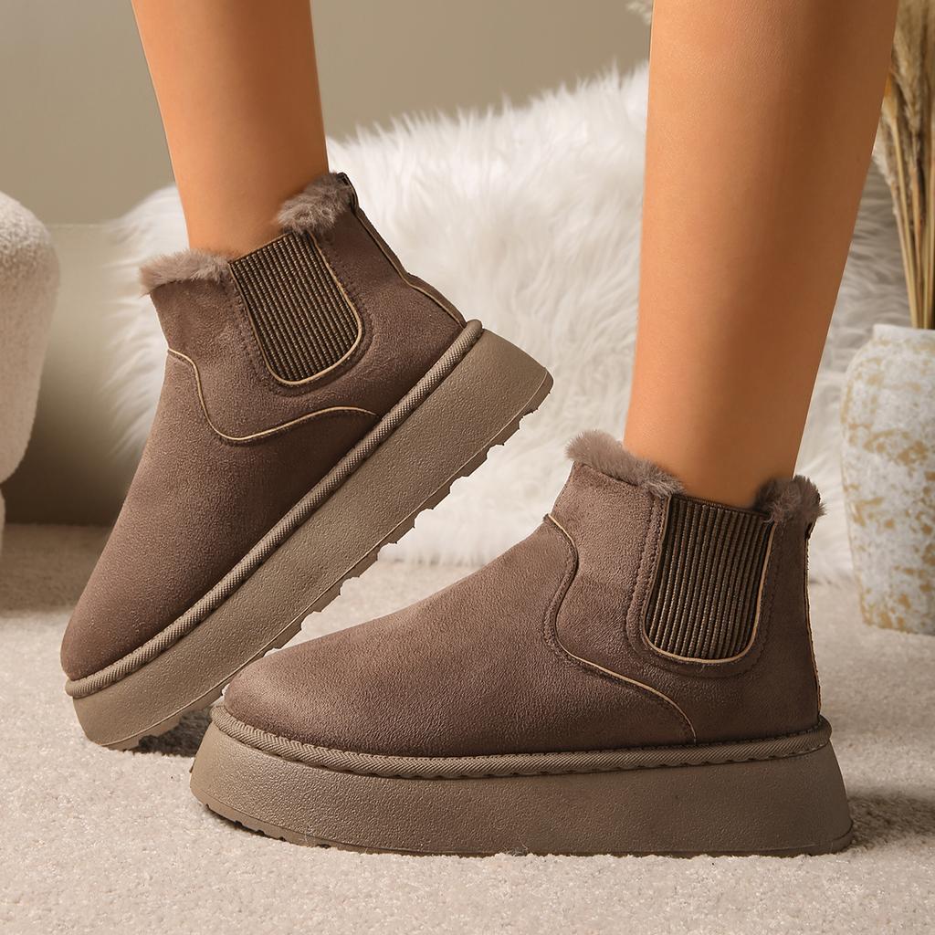Модные зимние женские короткие плюшевые теплые сноубутсы, повседневная обувь, новые замшевые меховые ботильоны челси, плоская платформа, женская обувь