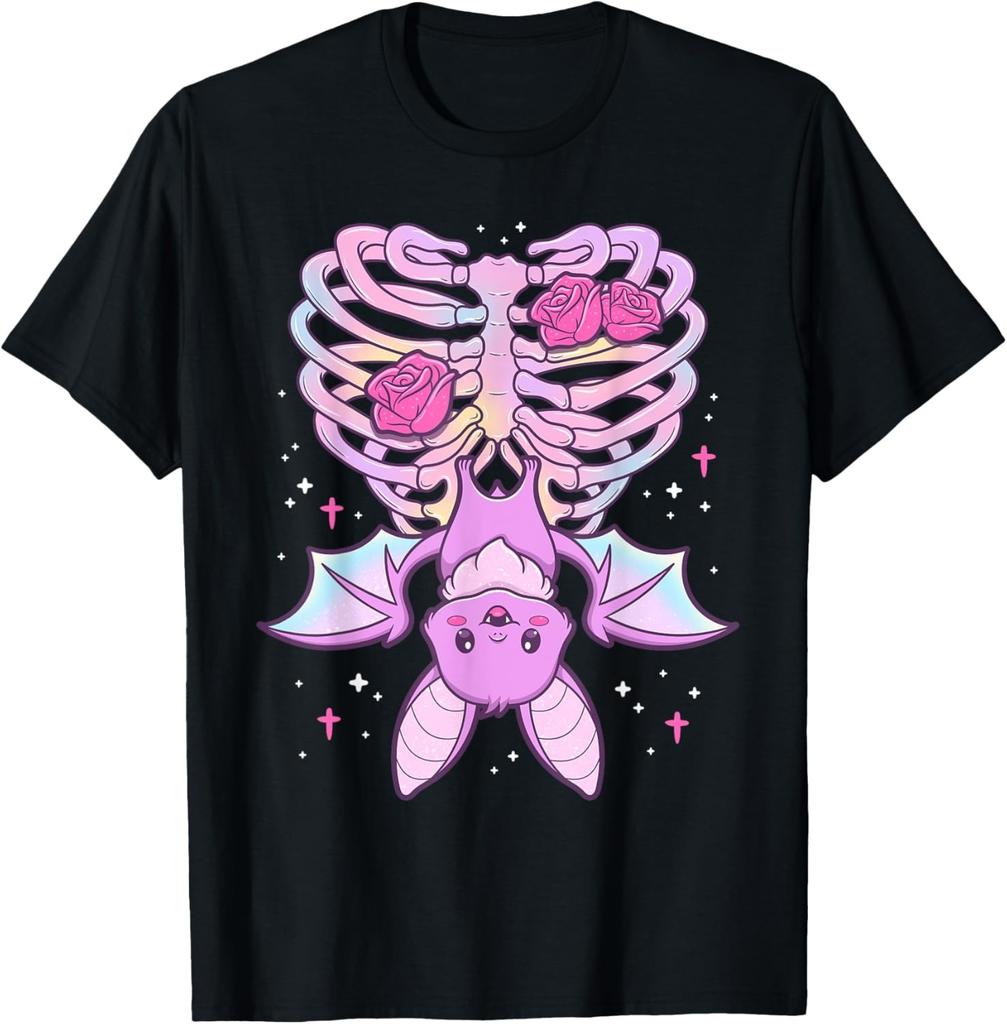 Kawaii Pastel Goth Cute Creepy Cat Bat Skeleton T-Shirt Print Original Design Gifts T Shirts Mens Clothing Camisas Streetwear