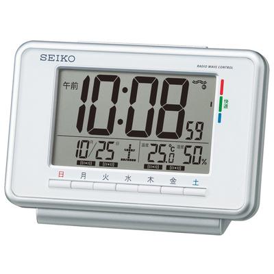 Часы (SEIKO SQ775W) Цифровой радиоуправляемый будильник с еженедельным будильником, календарем, индикатором уровня комфорта, температуры и влажности, белый.
