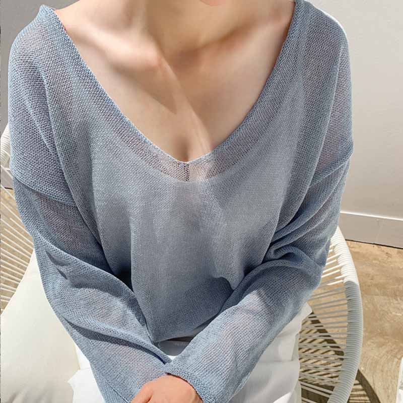 Повседневная тонкая блузка с v-образным вырезом Blusas 2023, однотонная корейская свободная солнцезащитная женская одежда, весна-лето-осень, сексуальные женские топы