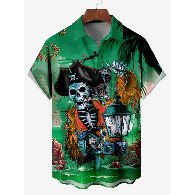 Мужская гавайская рубашка с рисунком скелета пирата капитана шторма парусного спорта с рисунком из мультфильма рубашка с коротким рукавом летние свободные пляжные рубашки для мальчика