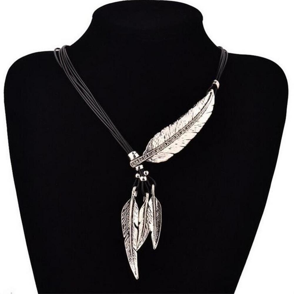 European & American Black Leather Feather Diamond Tassel Necklace - Multi-layer Women's Clavicle & Sweater Chain