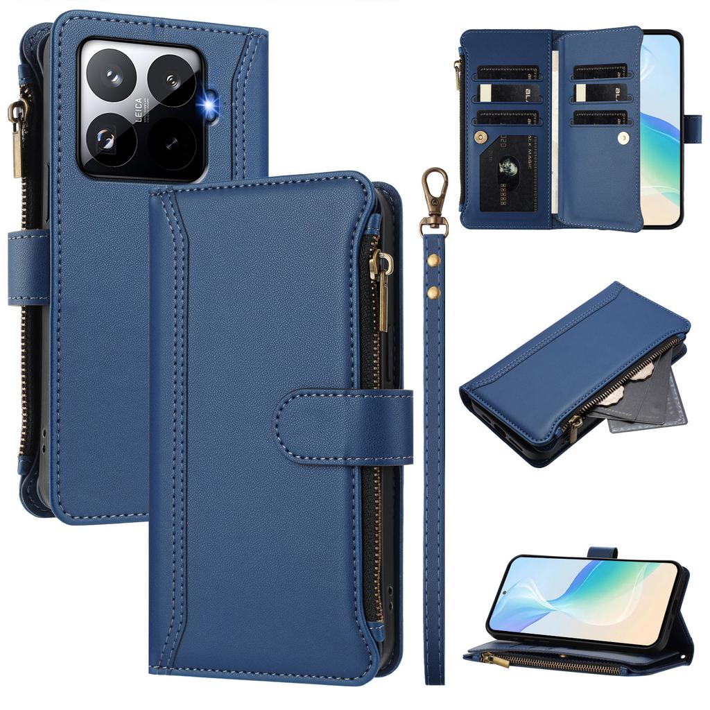 Кожаный чехол для Xiaomi 15T Pro с 9 отделениями для карт, кошельком на молнии, подставкой, чехлом для телефона и ремешком на запястье